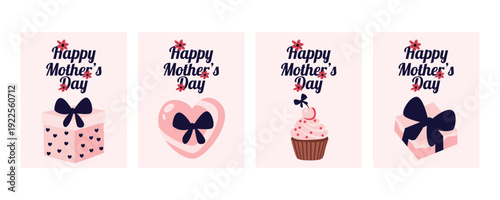 Mothers Day greeting card banner set with gifts bows cupcake and flowers festive spring holiday illustration collection