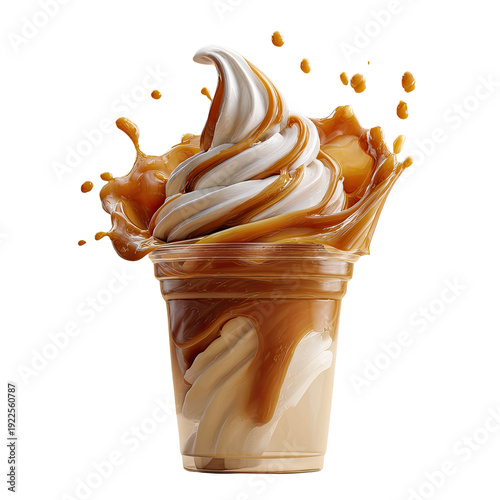 Swirled soft serve ice cream sundae with caramel drizzle splashing around it