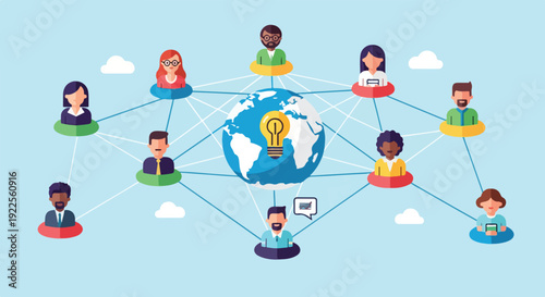 Flat illustration of diverse people connected around a globe with lines and icons on a light blue background with clouds.
