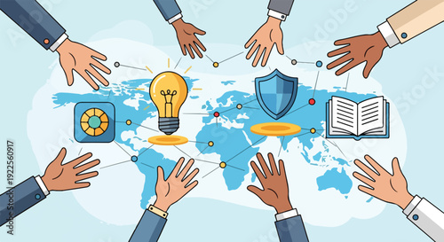 Diverse group of people reaching towards a world map with various icons in a conceptual illustration with a light blue background.