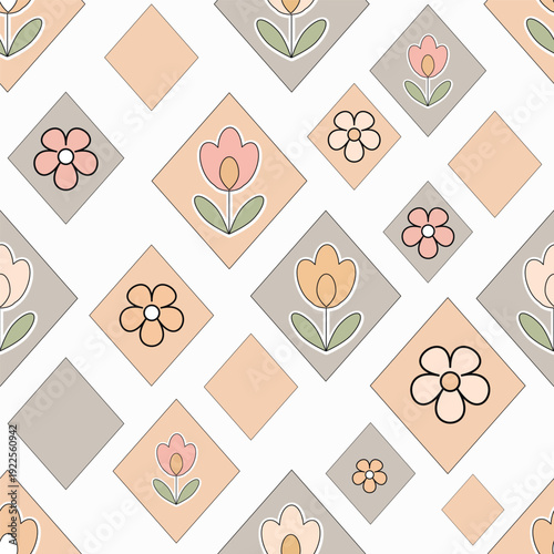 Seamless pattern, crisp geometric diamond shapes forming a grid, with a simple stylized floral icon inside each diamond.eps