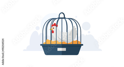 White chicken in a dark blue cage with yellow straw.