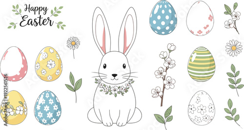 Charming illustration featuring a cute white easter bunny surrounded by colorful decorated eggs spring blossoms and celebratory holiday foliage elements