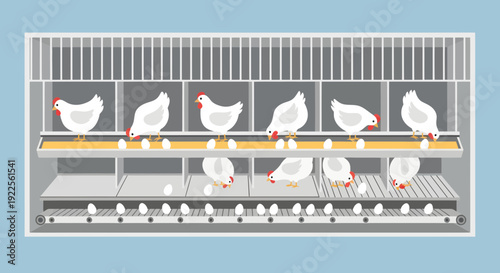 White chickens in a modern cage system for egg production.
