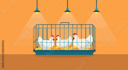 White chickens in a metal cage with food and water.
