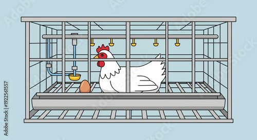 White hen laying an egg in a battery cage on a factory farm.