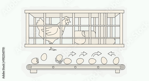 Chicken in cage laying eggs on conveyor belt for industrial farming.
