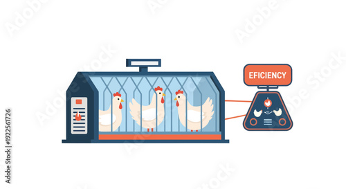 Chickens in a cage with a scale for efficiency measurement.