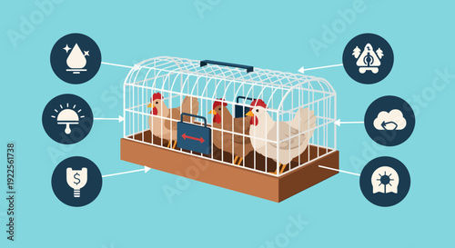 Chickens in a cage with surrounding icons representing various aspects of poultry farming.