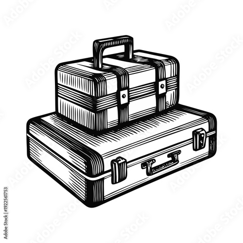 Stacked suitcases, hand drawn illustration shows two vintage luggage items, one on top. Classic suitcases feature sturdy handles, latches, straps, embodying travel journey.