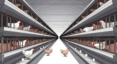 Chickens in a modern industrial egg production facility.