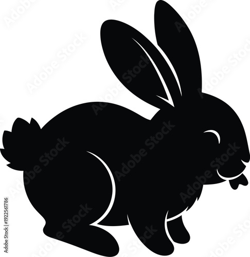 Simple black silhouette graphic icon of a cute fluffy rabbit sitting down with its ears up and a small piece of food in its mouth