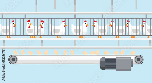 Chickens on a conveyor belt in a poultry farm.