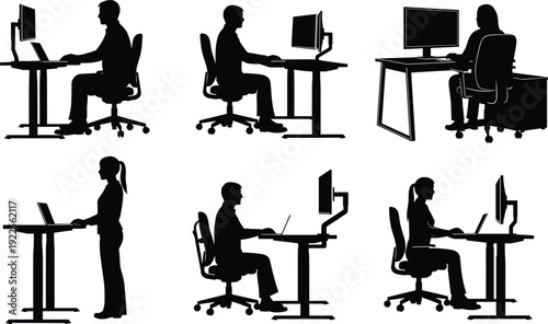 Set of black vector silhouettes of office workers sitting and standing at desks with computers isolated on white background