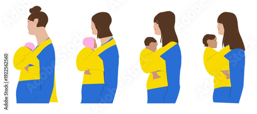 Mom life stage concept. Young mother holding baby in sling carrier, balancing parenting and daily responsibilities. Modern motherhood, independence, family care and strong woman lifestyle.