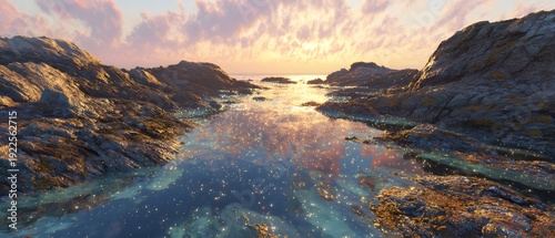 Rocky coastline with sparkling water reflecting the sunset sky