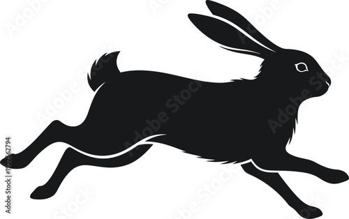 Striking black silhouette graphic of a swift wild hare captured mid-stride during an energetic extended bounding run across a clean white background.