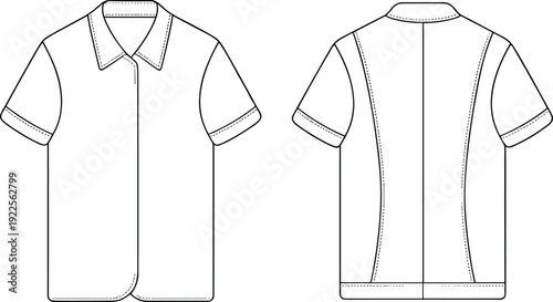 Polo Shirt CAD Line Art Featuring Front Back Views Classic Casual Apparel Technical Fashion Template Illustration