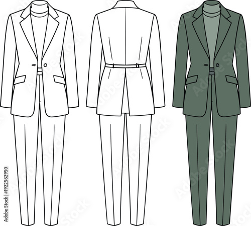 Women Belted Blazer Suit CAD Drawing Front Back Fashion Flat Technical Line Art Office Outfit Template Collection