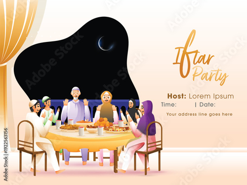 Illustration Of Muslim Family Praying Before Iftar Dinner During Ramadan Feast At Home.