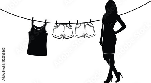 Woman silhouette standing by clothesline with hanging laundry, vector illustration of drying clothes on rope isolated on white background