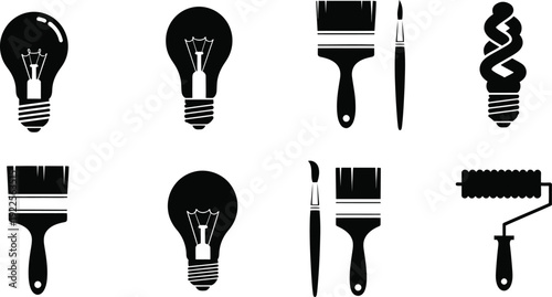 Icon set of painting tools and light bulbs for creative projects and home improvement