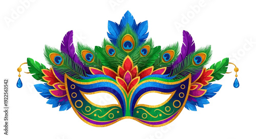 A vibrant peacock feather mask adorned with colorful decorations and jewels, symbolizing creativity and self-expression