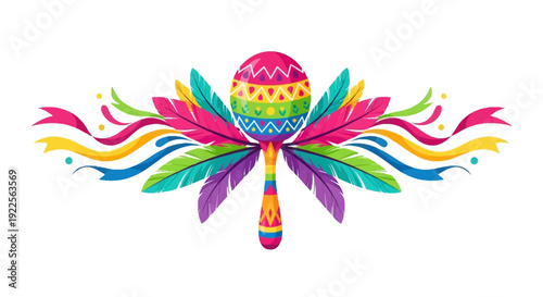 Vibrant maraca surrounded by colorful feathers in a dynamic illustration