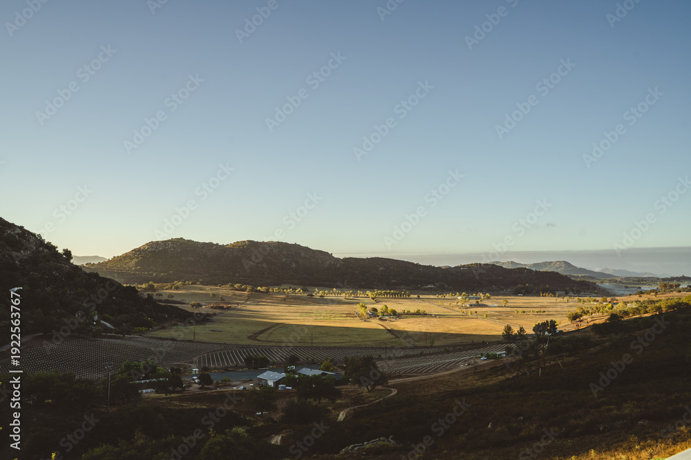 Fototapeta premium Aerial view of a sunny valley with rolling hills and farmland