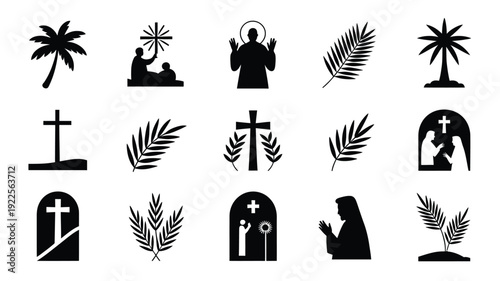 Palm sunday silhouette logo icon set with crosses palm trees and religious symbols on white background for easter and christianity designs
