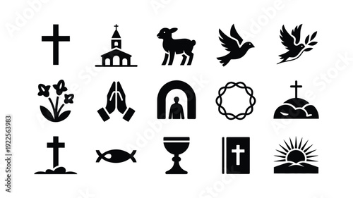 Collection of 12 minimalist christian symbols and icons on white background