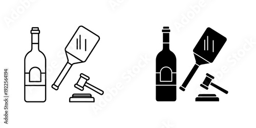 Flat lay wine bottle corkscrew opener set isolated vector illustration minimalist kitchen bar accessories black white