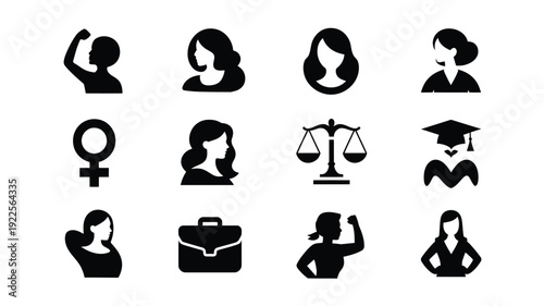 Collection of 12 minimalist black icons representing women's empowerment equality and professional success on a white background