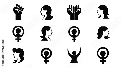 Collection of 12 minimalist black female empowerment logos with raised fists and gender symbols on white background symbolizing feminism and equality