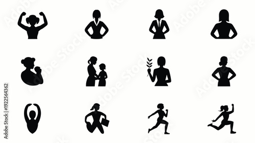 Collection of 12 minimalist black silhouette icons representing diverse female figures engaged in various activities and poses symbolizing strength business wellness and movement
