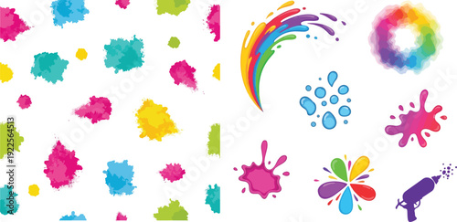 Holi Festival Design Assets Featuring Seamless Watercolor Splatter Patterns, Water Gun Pichkari, and Vibrant Rainbow Color Bursts for Indian Spring Celebration