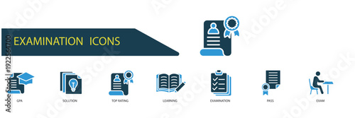examination icons set outline and Flat Style,transparent background
