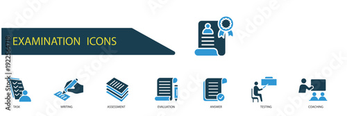 examination icons set outline and Flat Style,transparent background