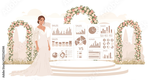 Bride in wedding dress standing on a stage with data visualizations.