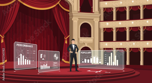 Businessman presenting data analytics on stage with interactive screens.