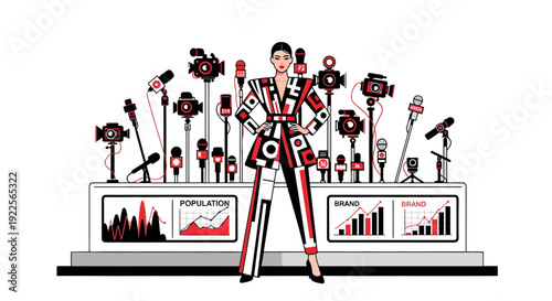 Confident Woman in Patterned Suit Standing Before a Wall of Microphones and Data Displays.