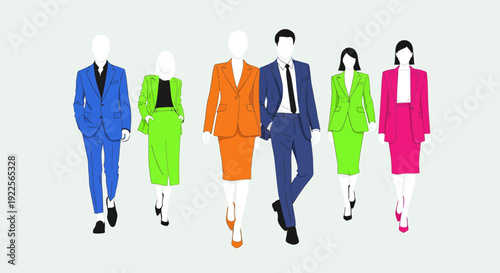 Diverse group of business professionals walking in vibrant suits.