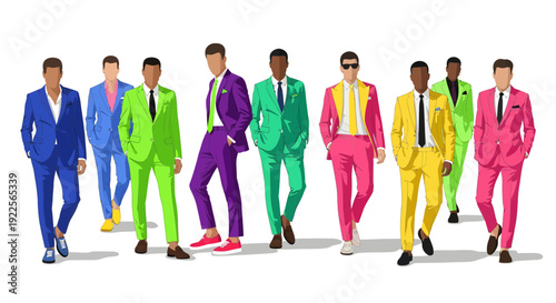 Diverse group of men in vibrant colorful suits standing together.