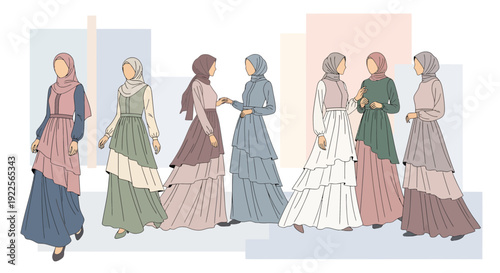 Diverse Group of Muslim Women in Elegant Hijabs and Modest Dresses.