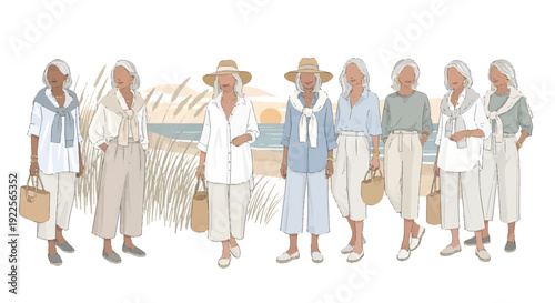 Diverse group of stylish elderly women in various outfits.
