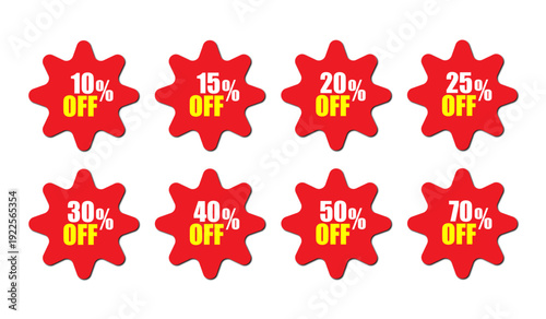 Set of eight red discount star stickers with 5% to 70% Off values for sales and promotions on white background