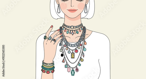 Elegant Woman Adorned with Multiple Necklaces Bracelets and Rings.