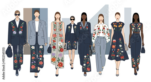 Fashion illustration of diverse models showcasing embroidered floral designs on various outfits.