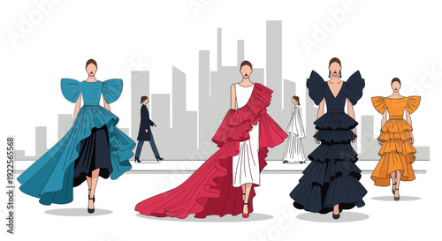 Fashionable women in elegant gowns showcasing haute couture designs.