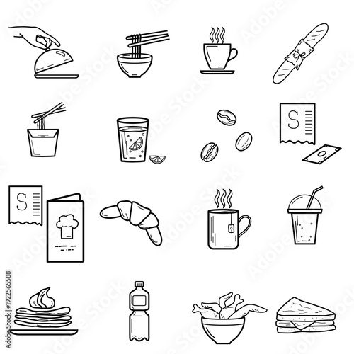 Fast food restaurant icons. Vector illustration. Simple illustrations of snacks and coffee, chicken legs and shawarma, croissants and tea. Pictograms and infographics for mobile applications.